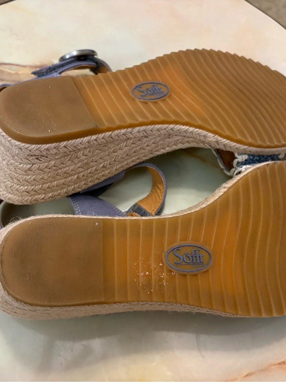 Sofft Inez Blue/White Leather Espadrille Wedge Strap Sandals Womens Sz 11